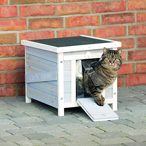 Gray & White Fir Wood Outdoor Cat House with Raised Floor and Hinged Asphalt Roof X8025