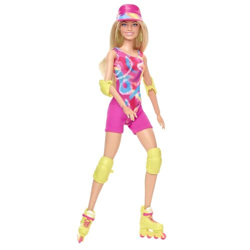 Skating Doll with Neon Outfit, Retro Gymnastics Suit, Pink Biker Shorts, Sun Shield, Neon Green Hoop Earrings, Skating Equipment, Impala Inline Skates H490