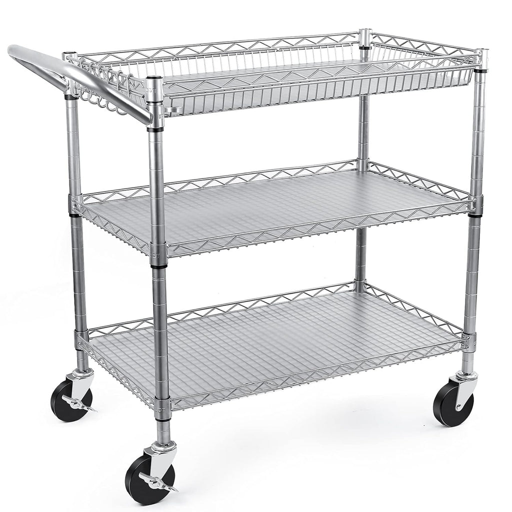 3 Tier Metal Rolling Utility Cart with Wire Shelving A24971
