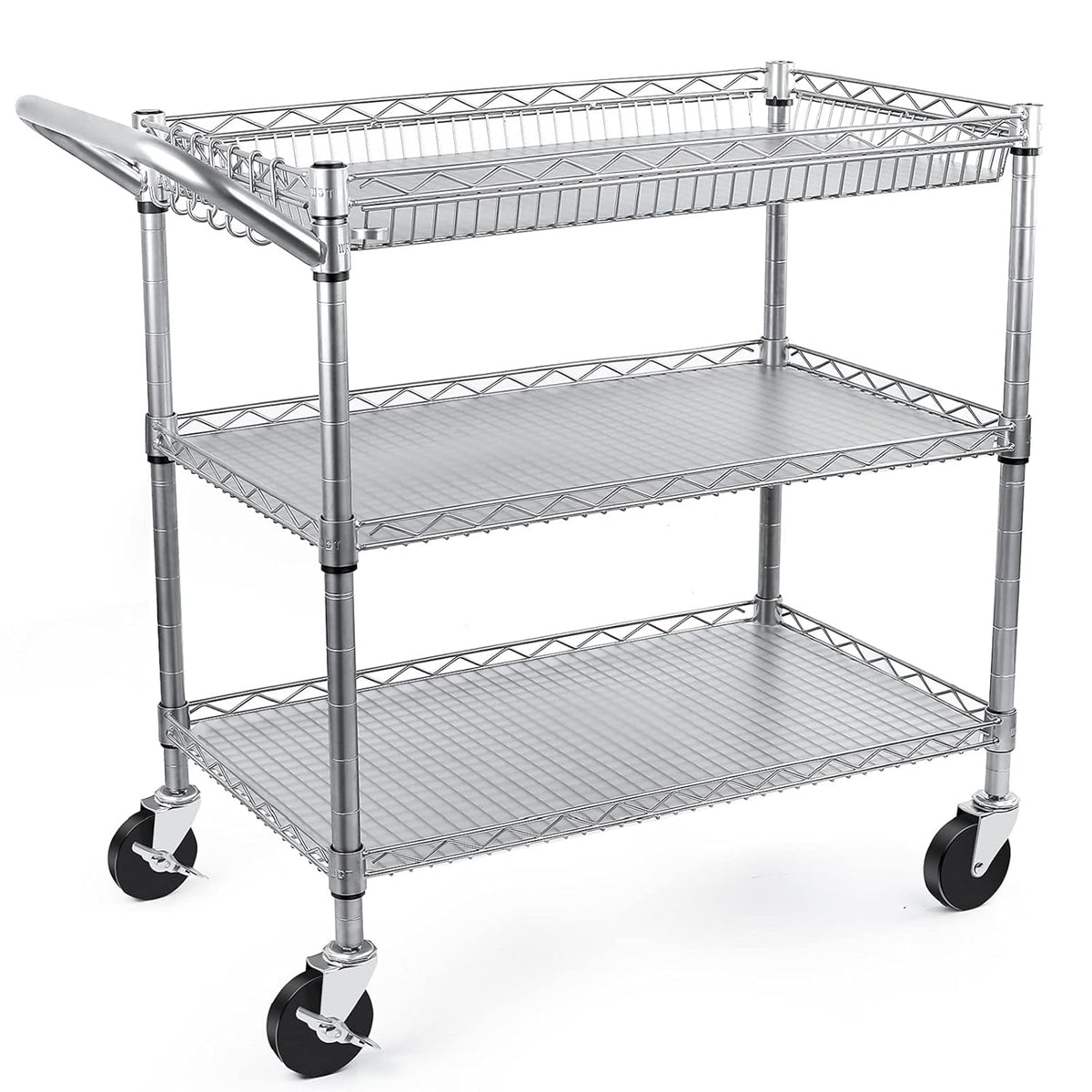 3 Tier Metal Rolling Utility Cart with Wire Shelving A24971