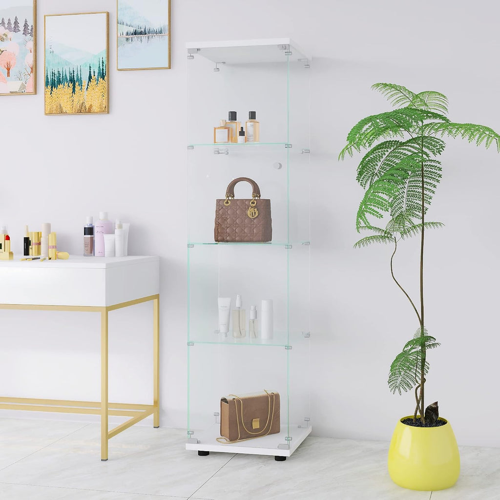 White 4-Shelf Glass Display Cabinet with Door and Lock E57146