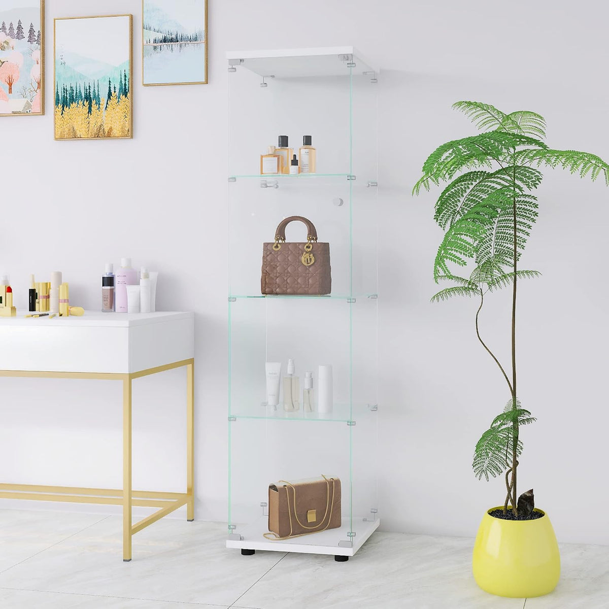 White 4-Shelf Glass Display Cabinet with Door and Lock E57146