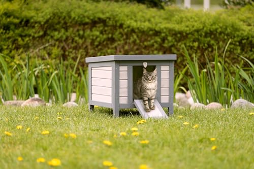 Gray & White Fir Wood Outdoor Cat House with Raised Floor and Hinged Asphalt Roof X8025