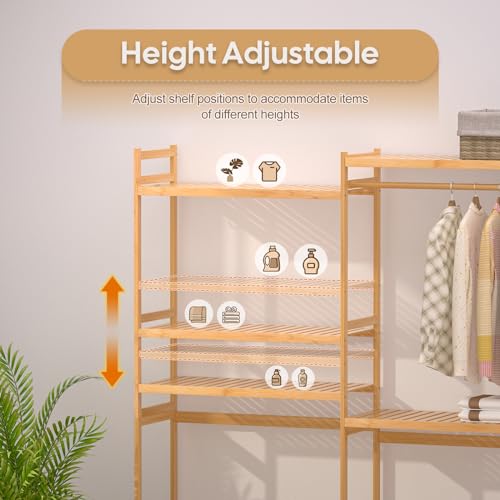 5 Tiers Bamboo Laundry Drying Rack with Adjustable Shelves and 4 Hooks Y31758