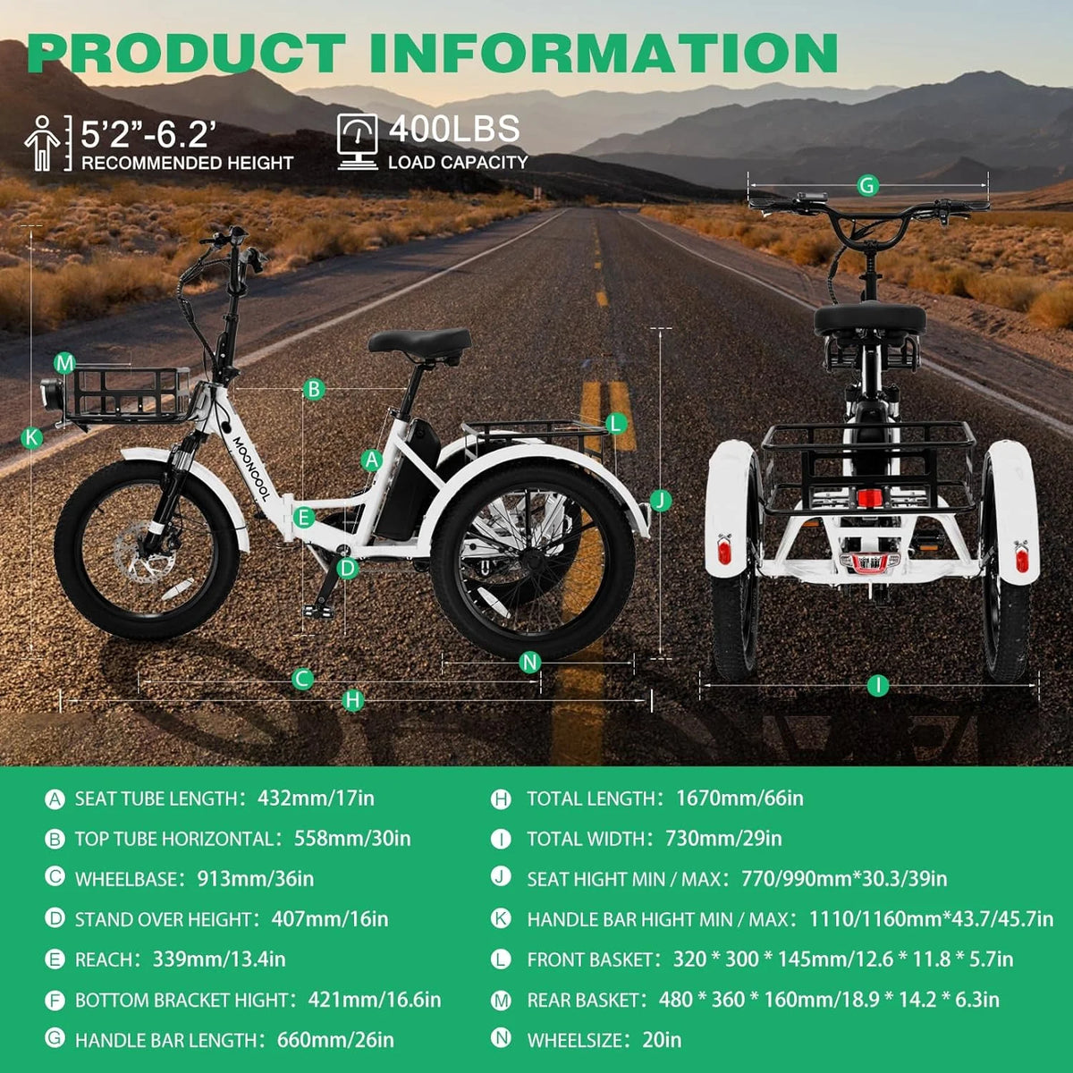 48V 20" Fat Tire 3 Wheel Folding Electric Tricycle P805