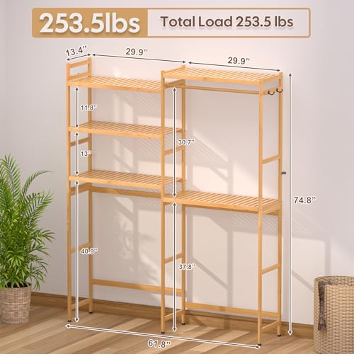 5 Tiers Bamboo Laundry Drying Rack with Adjustable Shelves and 4 Hooks Y31758