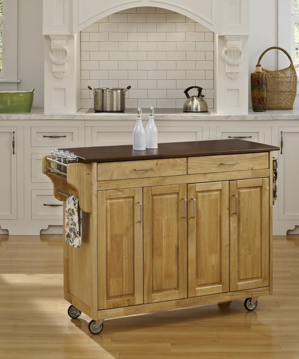 Natural Finish 4 Door Kitchen Cart with Cherry Top I645