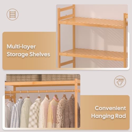 5 Tiers Bamboo Laundry Drying Rack with Adjustable Shelves and 4 Hooks Y31758