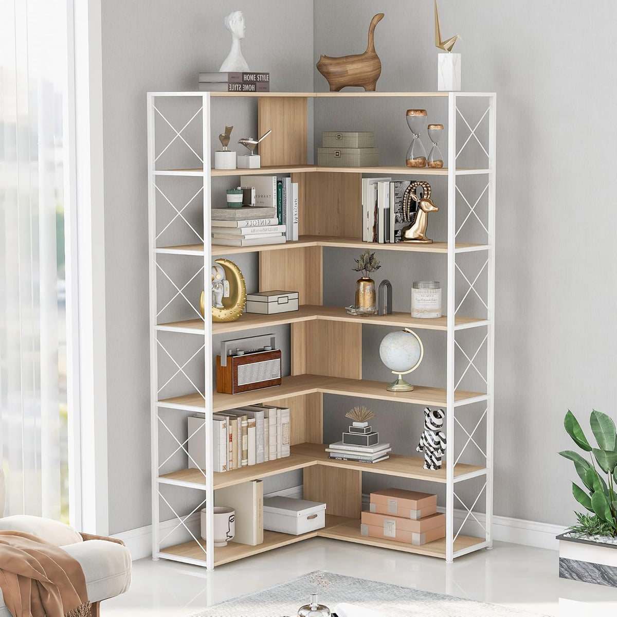 7-Tier L-Shaped Corner Bookcase with Metal Frame, Oak H59688