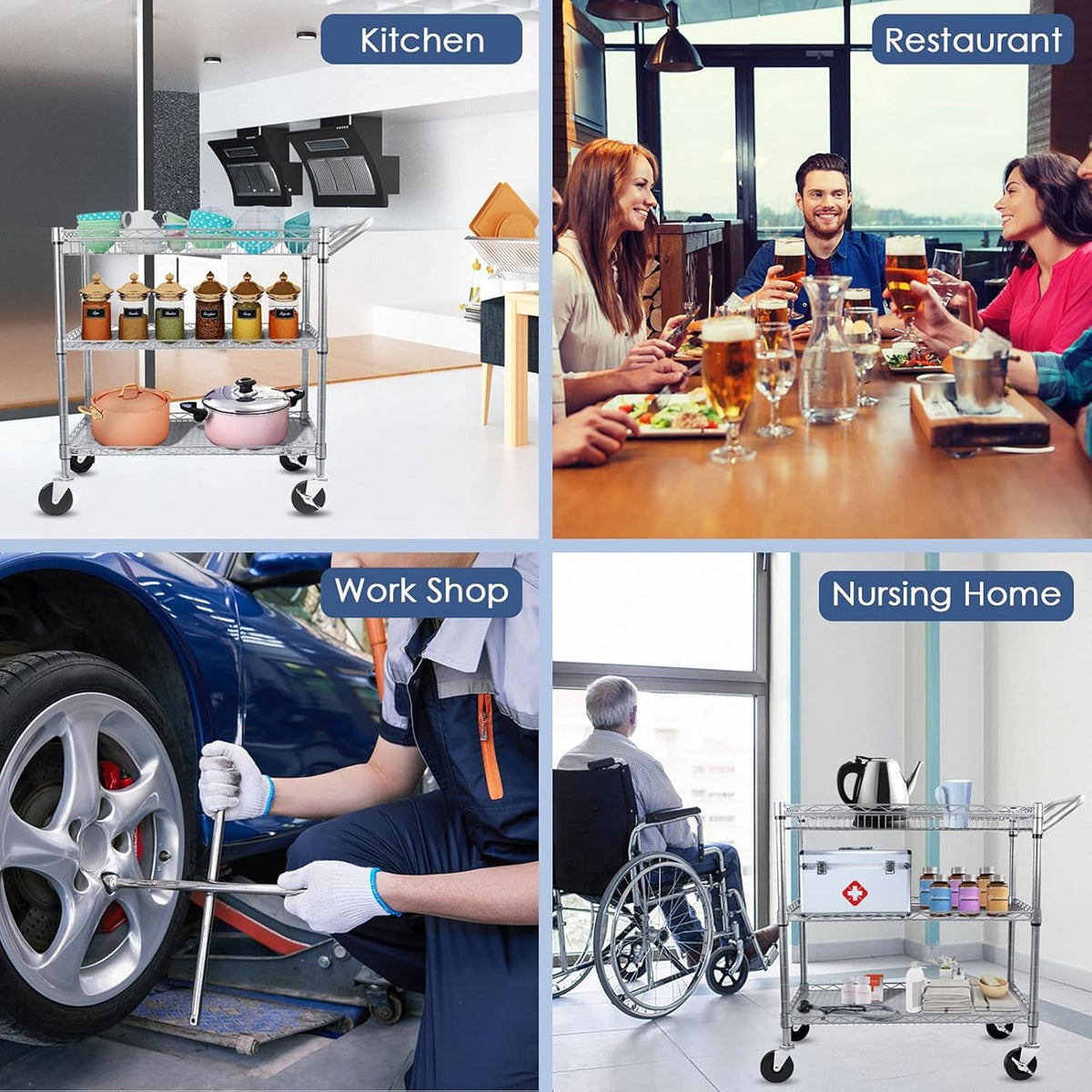 3 Tier Metal Rolling Utility Cart with Wire Shelving A24971