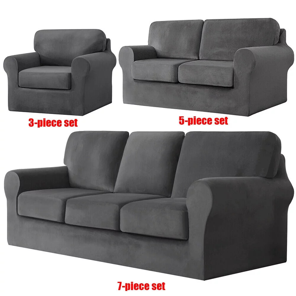 5-Pieces Velvet Stretch Couch Slipcovers (Dark Grey) P429398