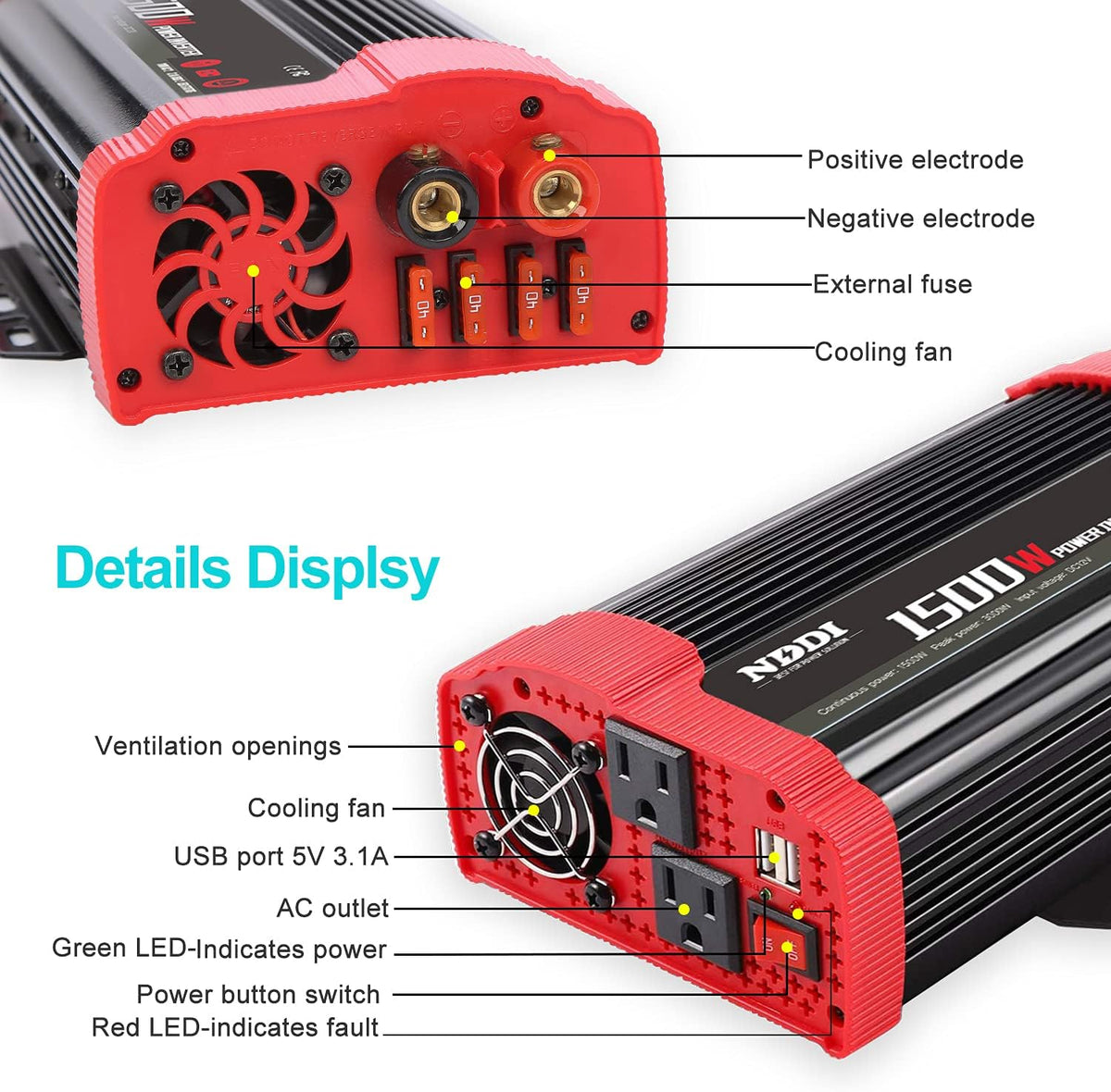 1500W Car Power Inverter 12V DC to 110V AC Converter with Dual USB Port and AC Outlets Pack of 2 N2817