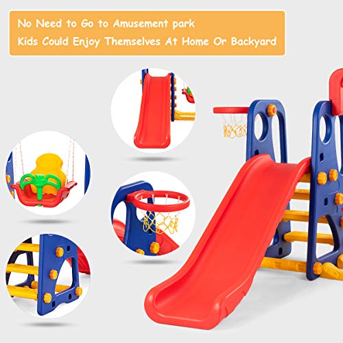 Toddler Long Slide Set, 3-in-1 Large Climber Playset with Basketball Hoop, Stairs, Thickened Panel, Playground Swing L942414