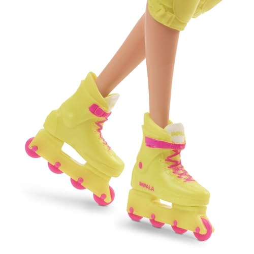 Skating Doll with Neon Outfit, Retro Gymnastics Suit, Pink Biker Shorts, Sun Shield, Neon Green Hoop Earrings, Skating Equipment, Impala Inline Skates H490