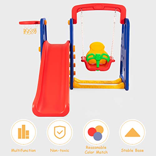 Toddler Long Slide Set, 3-in-1 Large Climber Playset with Basketball Hoop, Stairs, Thickened Panel, Playground Swing L942414