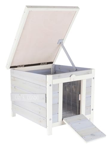 Gray & White Fir Wood Outdoor Cat House with Raised Floor and Hinged Asphalt Roof X8025