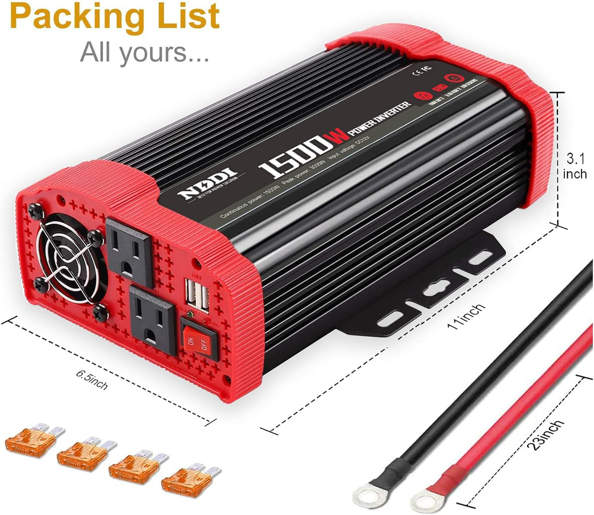 1500W Car Power Inverter 12V DC to 110V AC Converter with Dual USB Port and AC Outlets Pack of 2 N2817