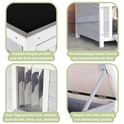 Gray & White Fir Wood Outdoor Cat House with Raised Floor and Hinged Asphalt Roof X8025