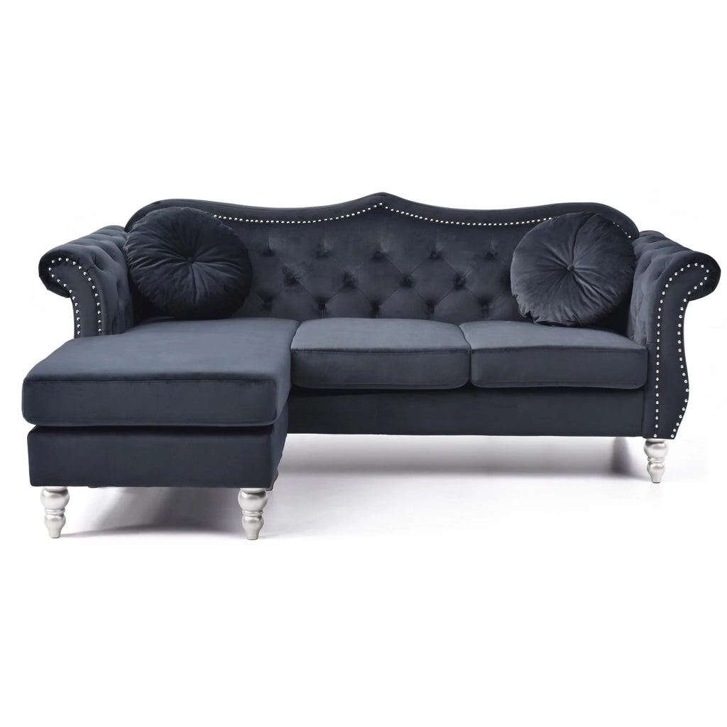 Black Velvet Chesterfield Sectional Sofa with 2-Throw Pillow R6532
