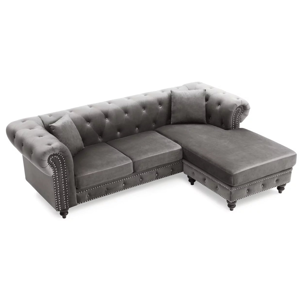 Dark Gray Velvet L-Shape 3-Seater Sofa with 2-Throw Pillow U706
