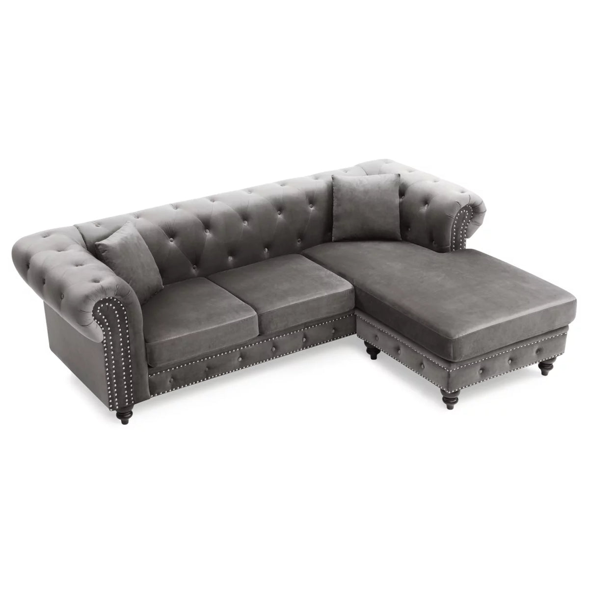 Dark Gray Velvet L-Shape 3-Seater Sofa with 2-Throw Pillow U706