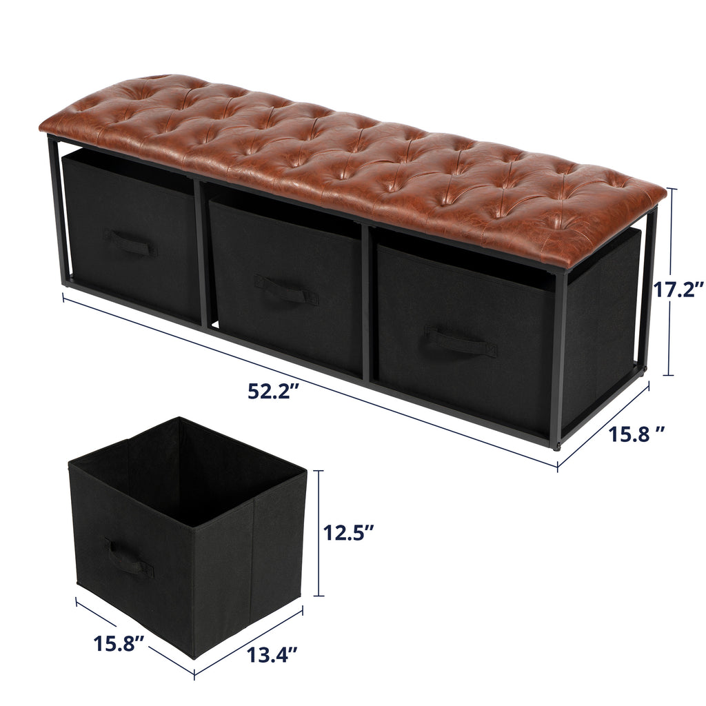 Brown Button Tufted Faux Leather Storage Bench R201