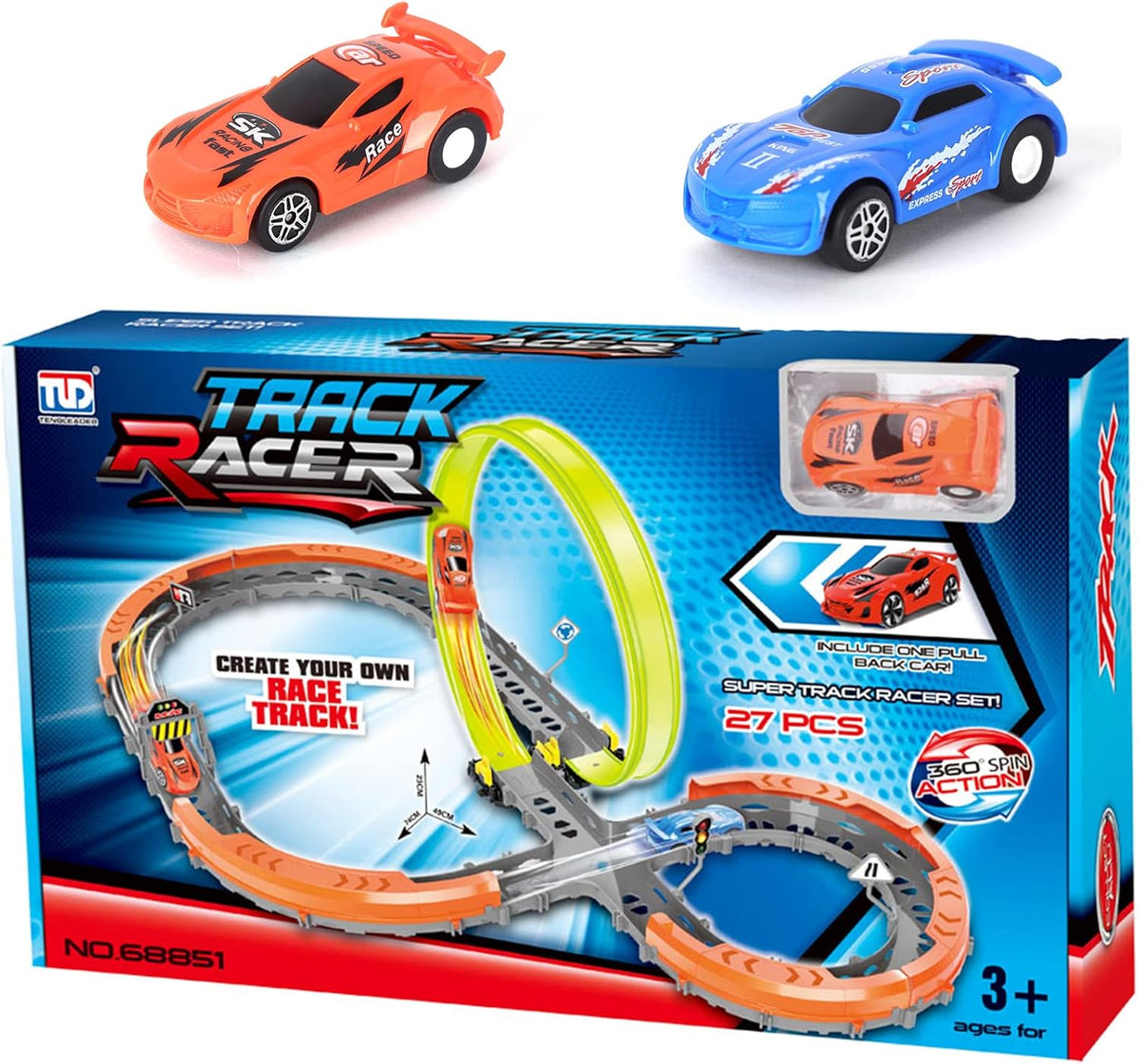 27 Pcs Race Car Track Set with 2 High Speed Cars, 360° Loop X-Type Crossing Track Z877