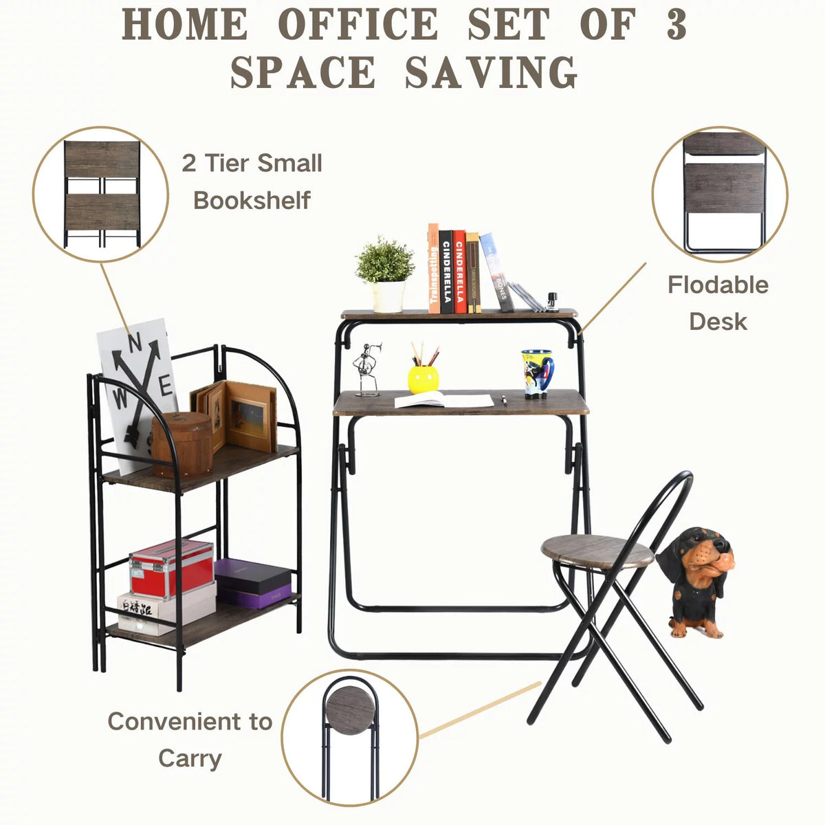 3 Pieces Kids Study Desk Chair Set with Bookshelf E825