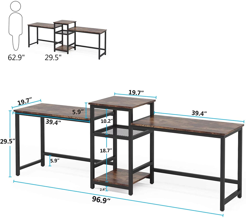 96.9" Double Computer Desk with Printer Shelf J577