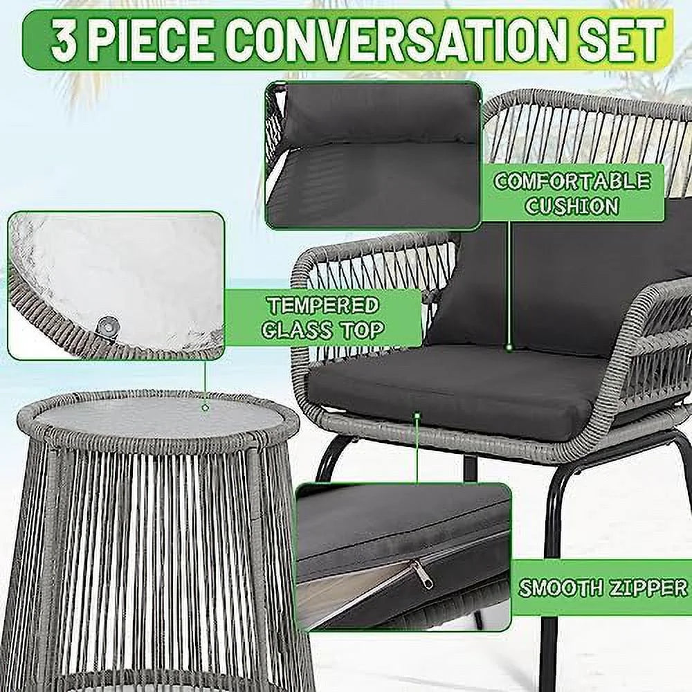 3 Pieces Rattan Wicker Bistro Set with Glass Top Table W617342