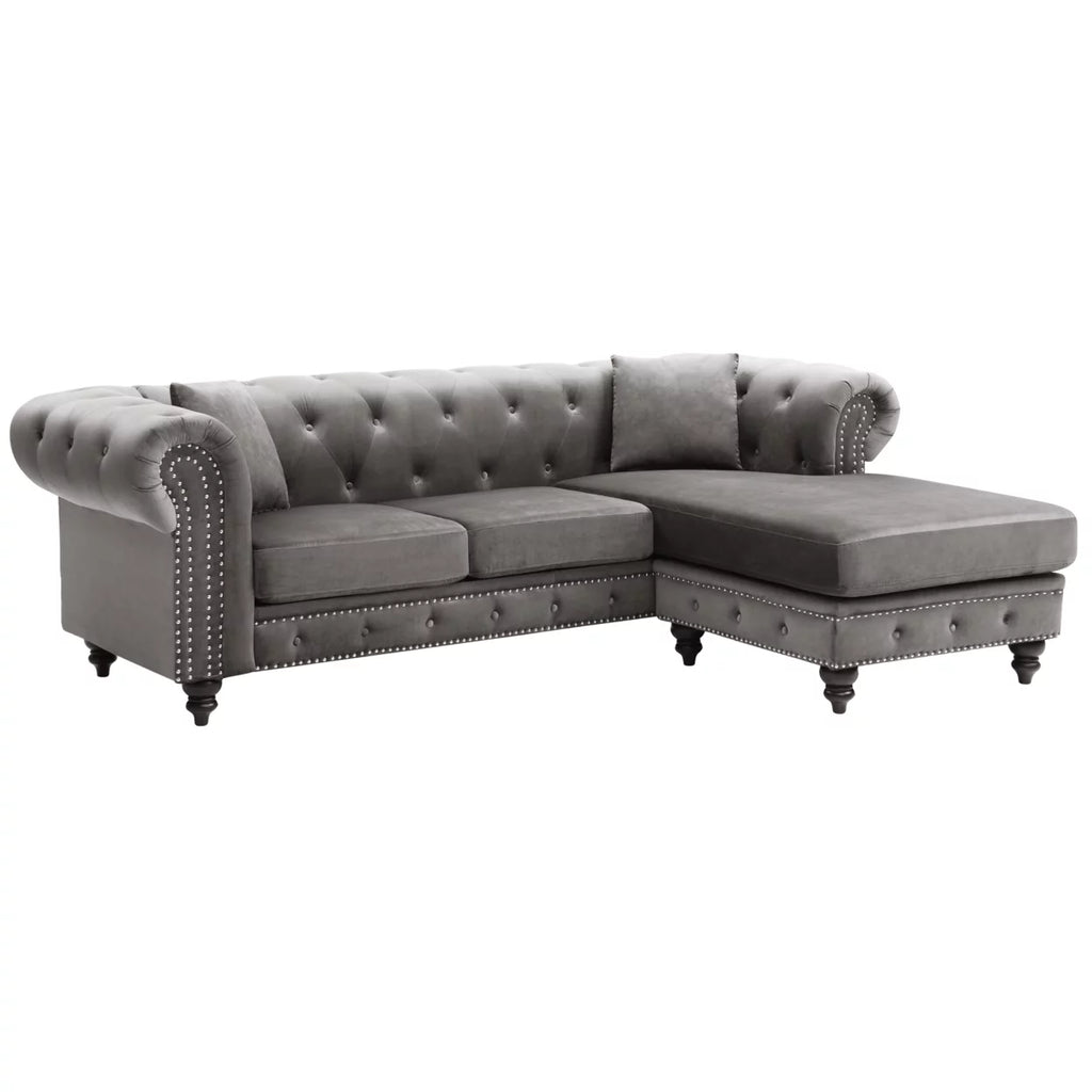 Dark Gray Velvet L-Shape 3-Seater Sofa with 2-Throw Pillow U706