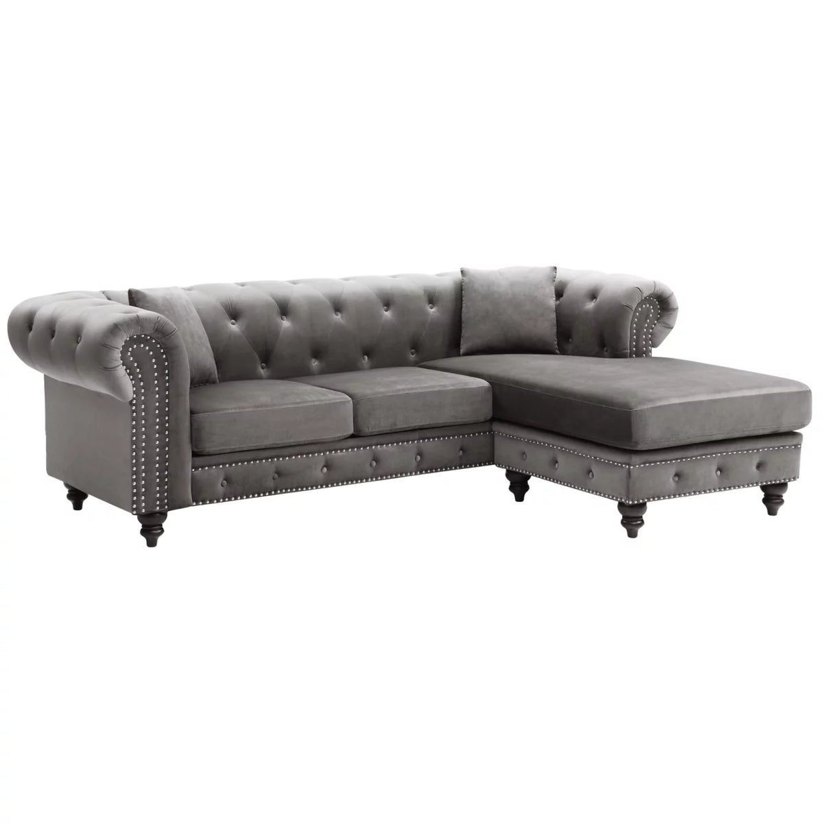 Dark Gray Velvet L-Shape 3-Seater Sofa with 2-Throw Pillow U706