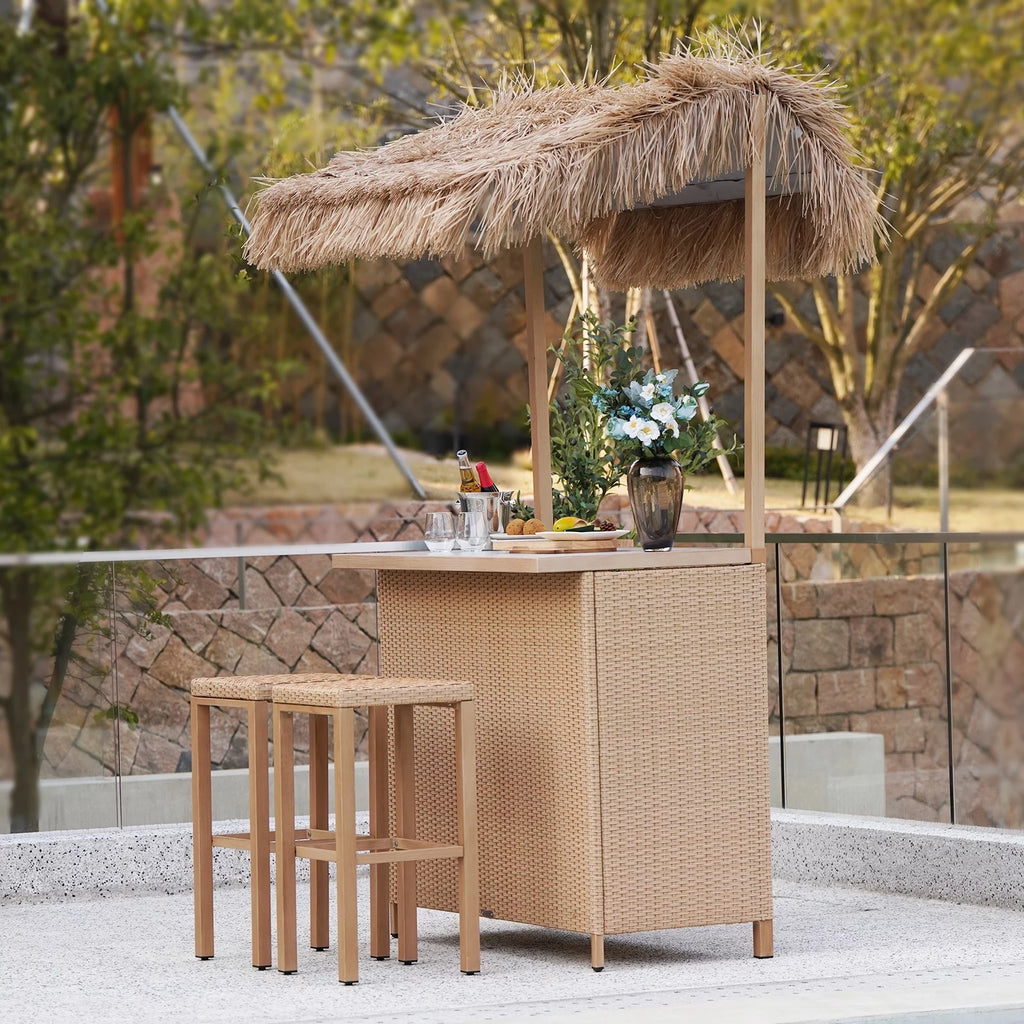Outdoor 3 Piece All Weather Resin Wicker Steel Tiki Bar and 2 Stools with Ceramic Top & Storage X8179