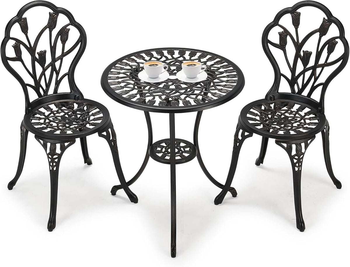 3-Piece Cast Aluminum Patio Bistro Set with Rust-Resistant Table and 2 Chairs O67574