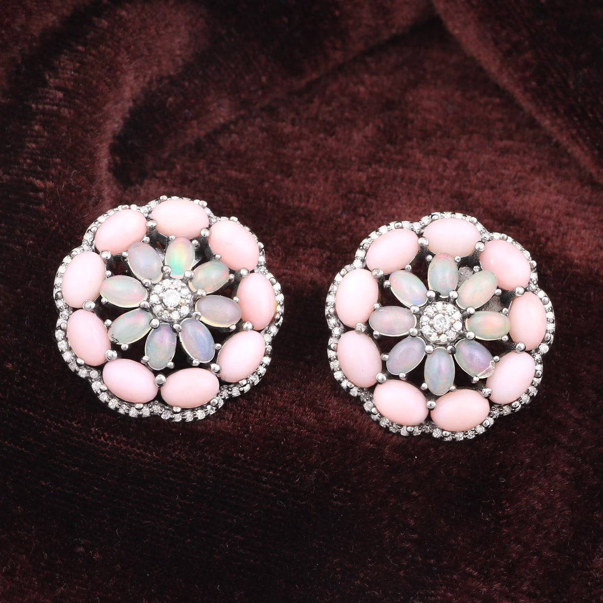 Natural Pink Opal Diamond Gemstone 925 Sterling Silver Earrings N759709