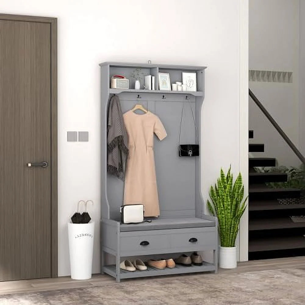 3-in-1 Hall Tree Entryway Bench with Coat Rack Shoe Rack 2 Drawers 4 Hooks Padded Seat Cushions Gray V74735
