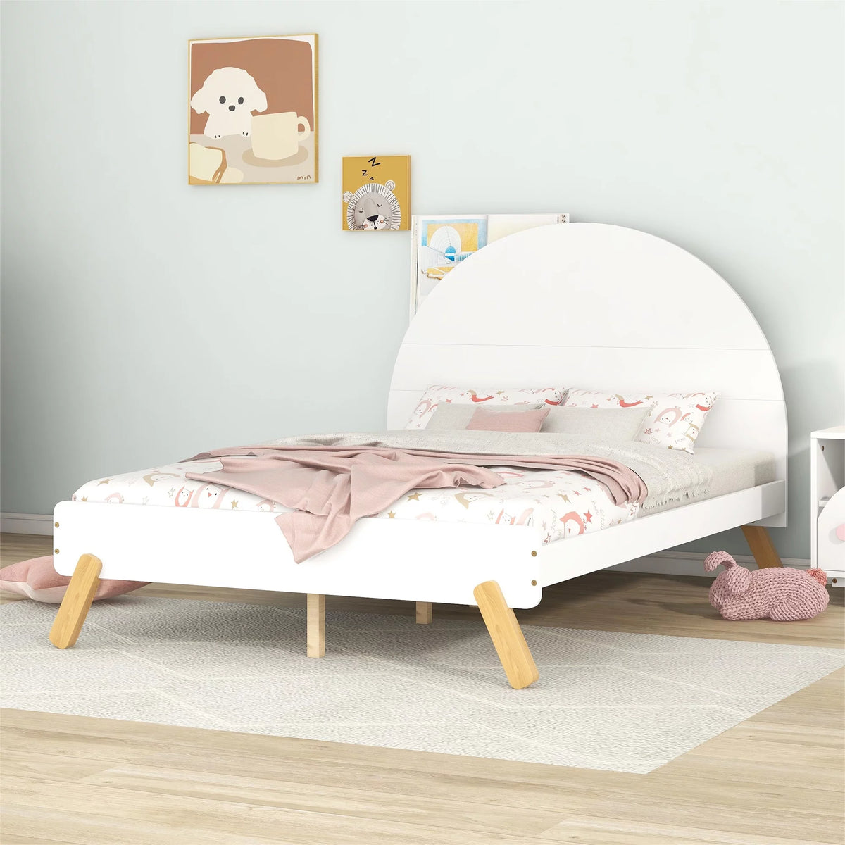 Full Size White Wood Platform Bed with Headboard I407922