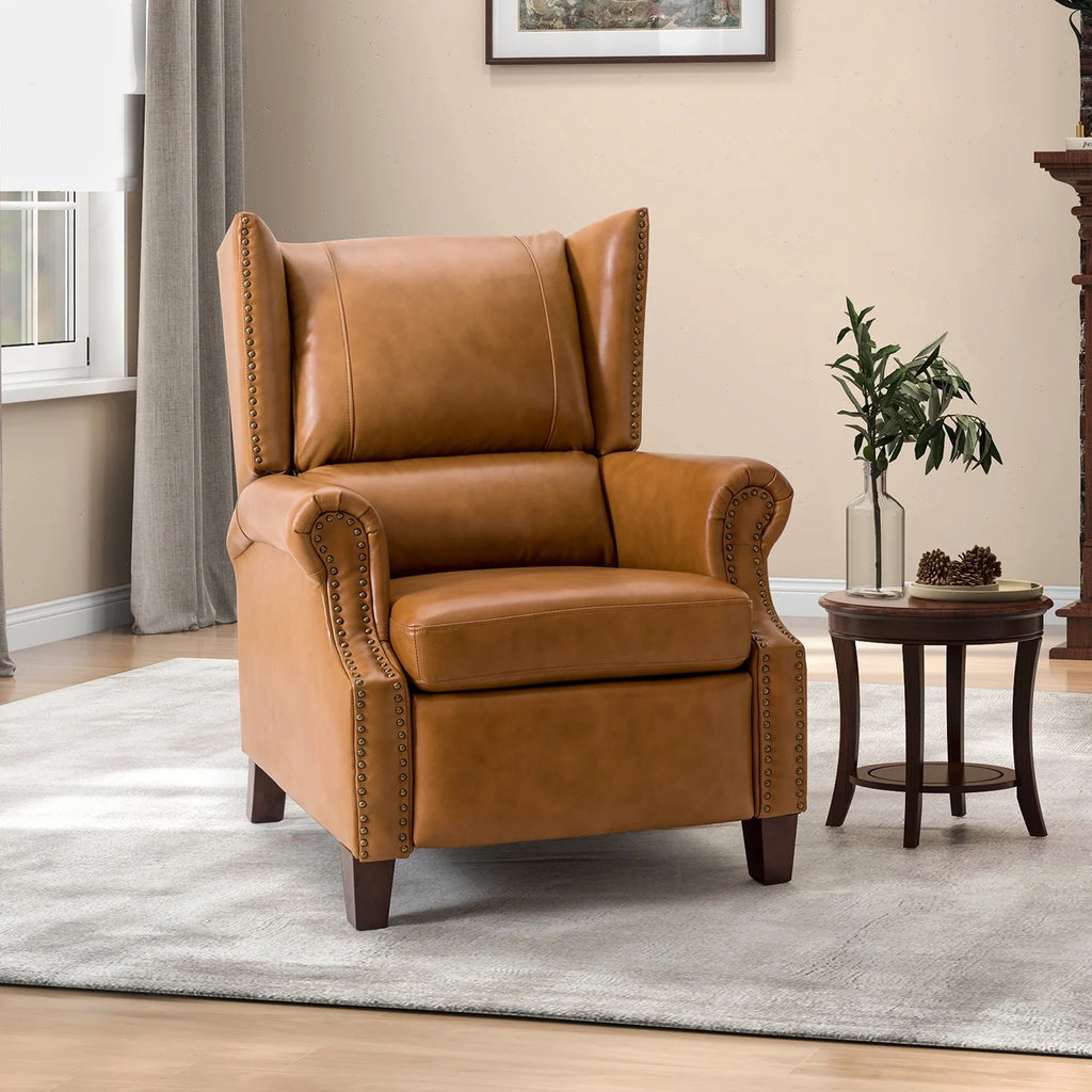 Genuine Leather Recliner with Nailhead Trims and Solid Wood Legs C6832