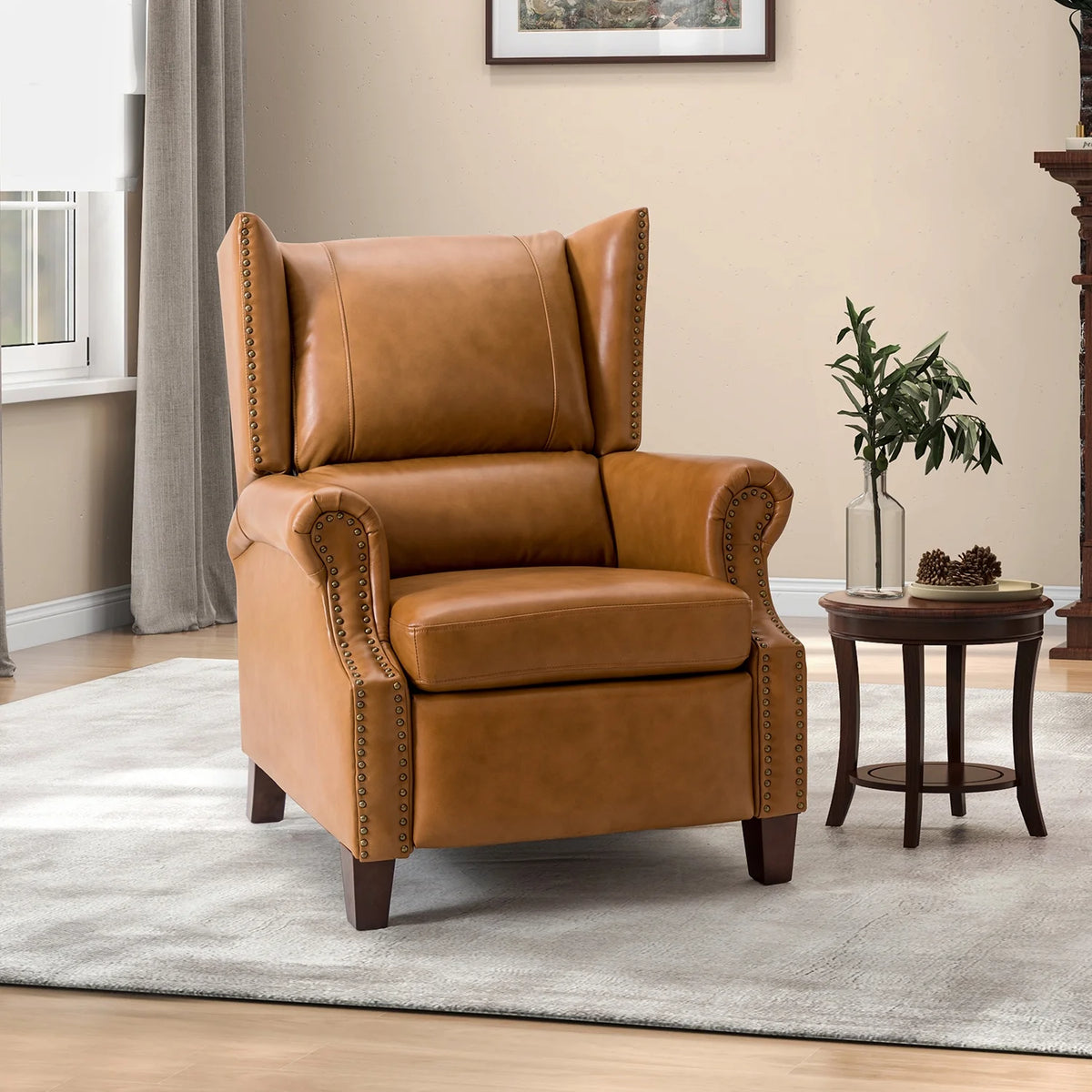 Genuine Leather Recliner with Nailhead Trims and Solid Wood Legs C6832