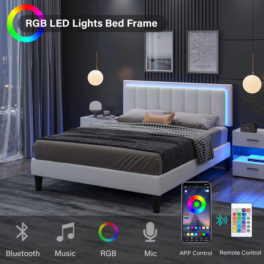 Full Size Led Upholstered Platform Bed Frame with PU Faux Leather Headboard I100