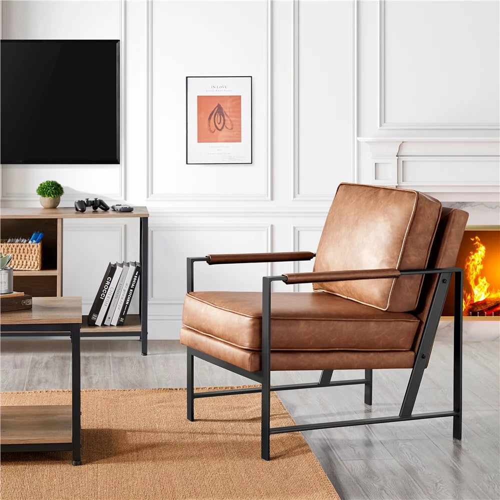 Light Brown Faux Leather Accent Chair with Metal Frame P936