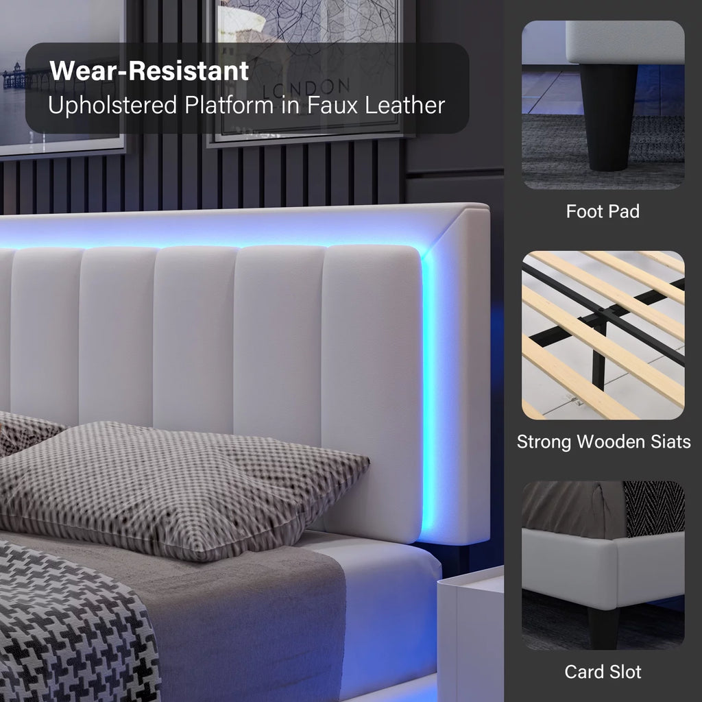Full Size Led Upholstered Platform Bed Frame with PU Faux Leather Headboard I100