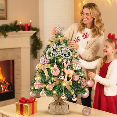 2 FT Mini Christmas Tree with Lights and 35 PCS Pink Ornaments X223462