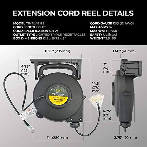 25 ft 12/3 Retractable Extension Cord Reel with 3 Electrical Outlet F122417