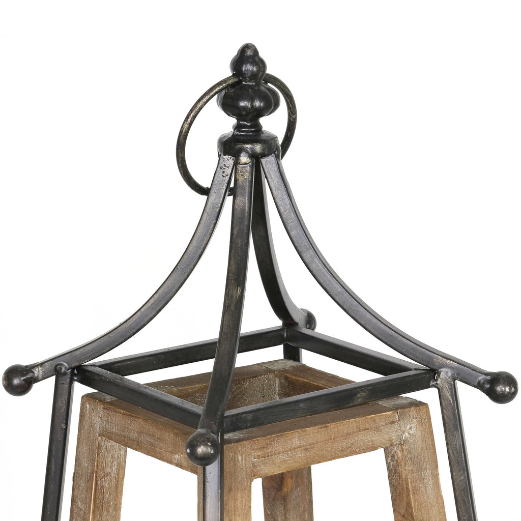 Antiqued Wood and Metal Tented Candle Lantern with LED Candle, 20.5 Inches, Natural, Beige Q8054