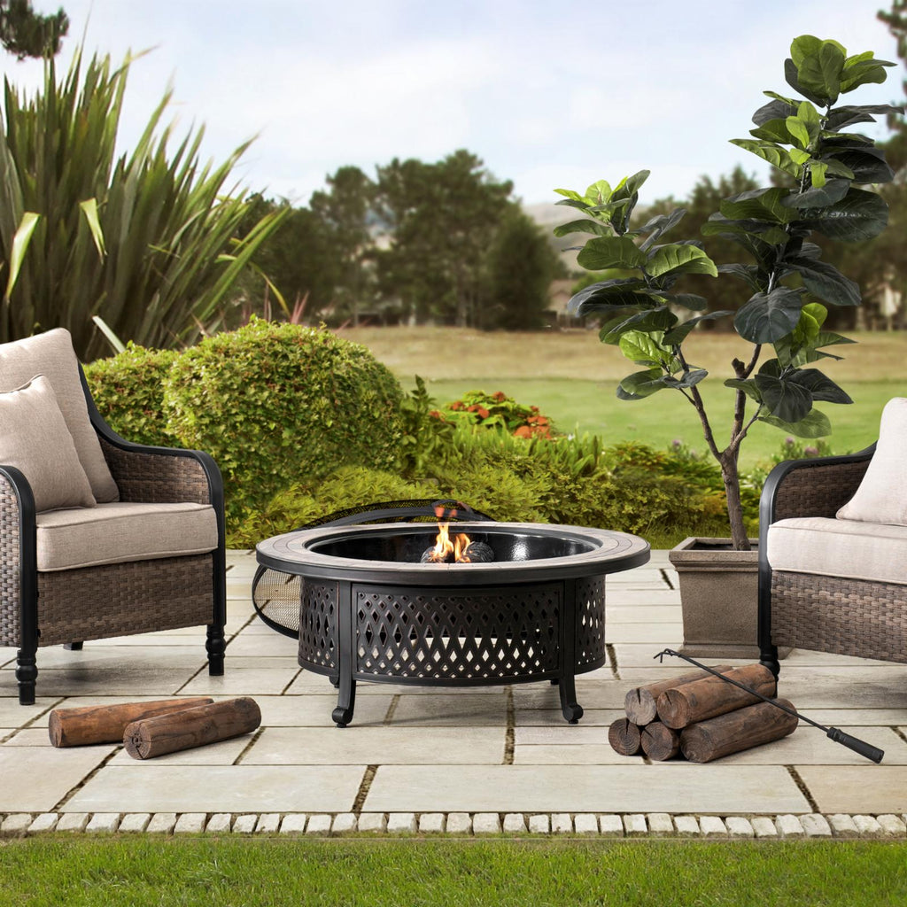 40 Inch Round Wood Burning Fire Pit with Steel Mesh Spark Screen and Ceramic Tile Tabletop R36821
