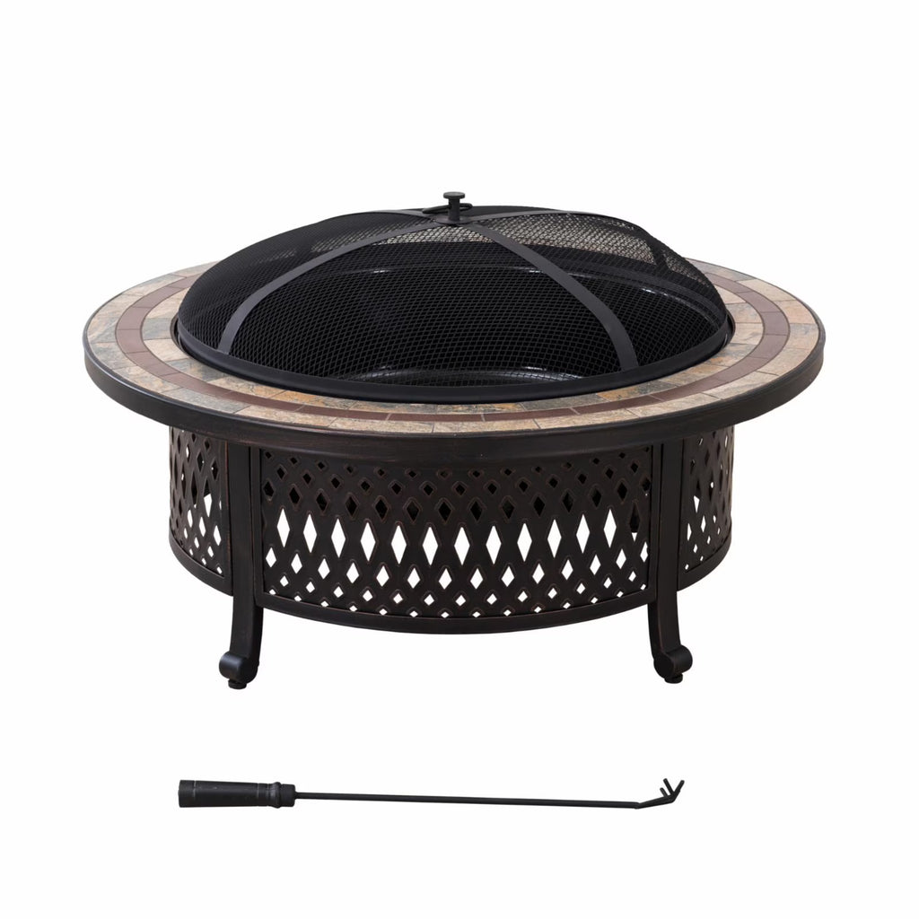 40 Inch Round Wood Burning Fire Pit with Steel Mesh Spark Screen and Ceramic Tile Tabletop R36821