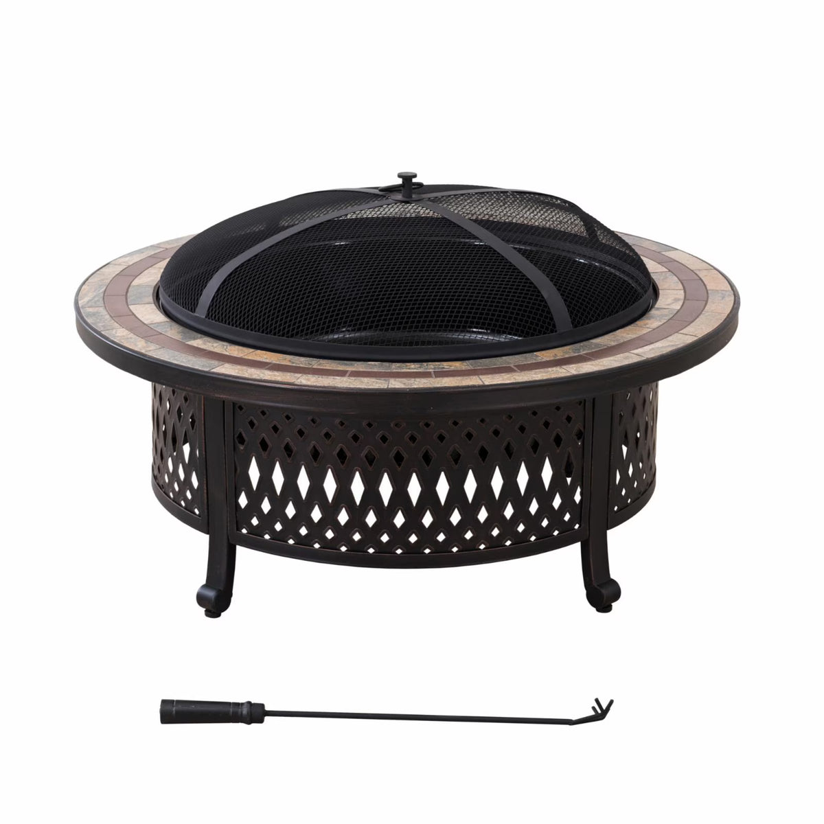 40 Inch Round Wood Burning Fire Pit with Steel Mesh Spark Screen and Ceramic Tile Tabletop R36821