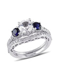 Created White & Created Blue Sapphire 2 Carat (Ctw) with Diamond 1/3 Carat (Ctw) Engagement Ring and Bridal Wedding Set 10K White Gold B5255