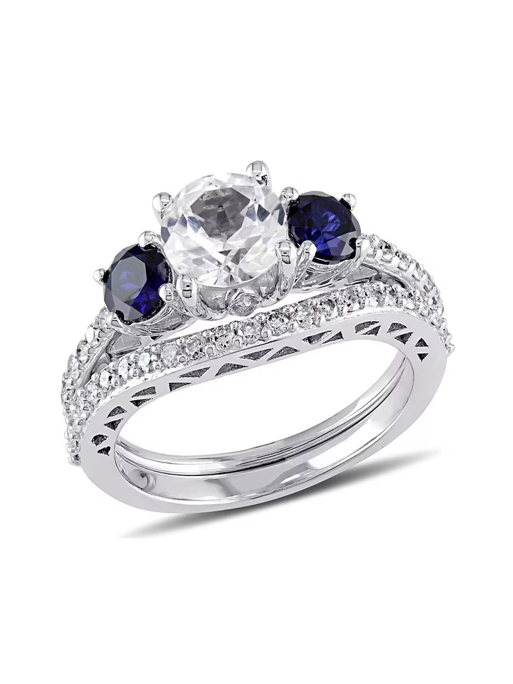 Created White & Created Blue Sapphire 2 Carat (Ctw) with Diamond 1/3 Carat (Ctw) Engagement Ring and Bridal Wedding Set 10K White Gold B5255